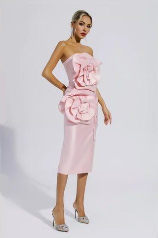 Haley Pink Floral Strapless Midi Evening Dress Haley Pink Floral Strapless Midi Evening Dress