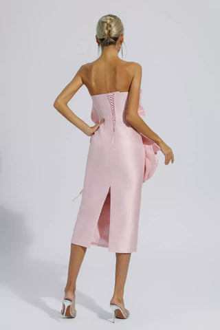 Haley Pink Floral Strapless Midi Evening Dress Haley Pink Floral Strapless Midi Evening Dress