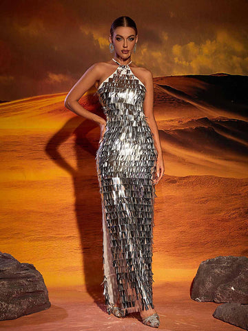 Harper Halterneck Sequin Split Maxi Dress Harper Halterneck Sequin Split Maxi Dress