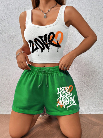 Heart & Letter Printed Tank Top With Shorts Set Heart & Letter Printed Tank Top With Shorts Set