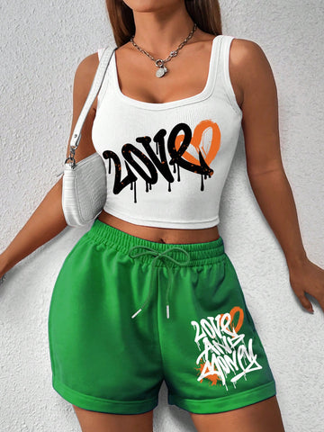 Heart & Letter Printed Tank Top With Shorts Set Heart & Letter Printed Tank Top With Shorts Set
