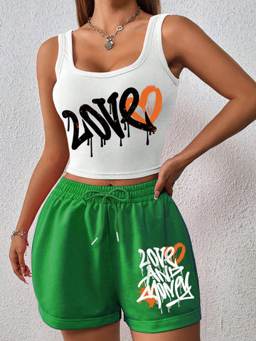 Heart & Letter Printed Tank Top With Shorts Set Heart & Letter Printed Tank Top With Shorts Set