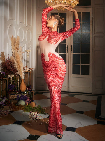 Herman Wave Printed Rhinestone Maxi Dress Herman Wave Printed Rhinestone Maxi Dress