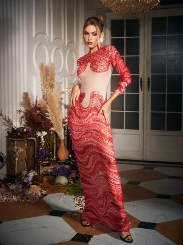 Herman Wave Printed Rhinestone Maxi Dress Herman Wave Printed Rhinestone Maxi Dress