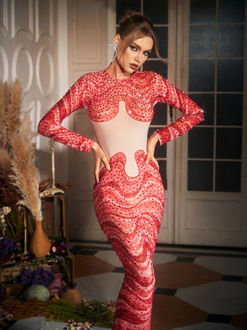 Herman Wave Printed Rhinestone Maxi Dress Herman Wave Printed Rhinestone Maxi Dress