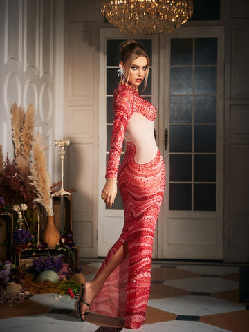 Herman Wave Printed Rhinestone Maxi Dress Herman Wave Printed Rhinestone Maxi Dress