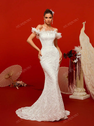 High-Neck Embroidered Lace Mermaid Style Sexy Wedding Dress High-Neck Embroidered Lace Mermaid Style Sexy Wedding Dress