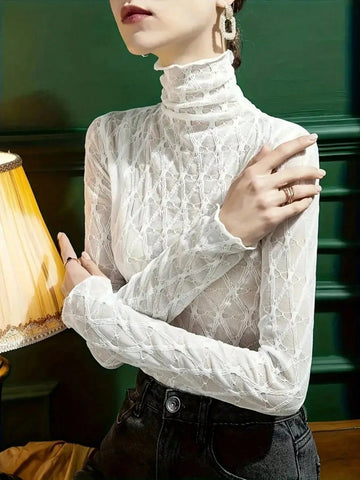 High Neck Lace Camisole Women, Form-Fitting Long Sleeve Undershirt Tops, Black Trendy T-Shirt High Neck Lace Camisole Women, Form-Fitting Long Sleeve Undershirt Tops, Black Trendy T-Shirt