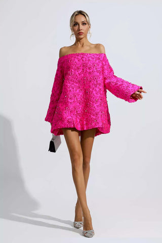 Holly Pink Off Shoulder Jacquard Floral Mini Dress Holly Pink Off Shoulder Jacquard Floral Mini Dress