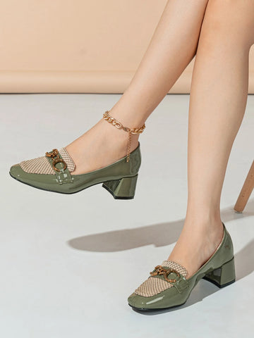 Horsebit Decor Weave Detail Square Toe Chunky Heeled Loafers Horsebit Decor Weave Detail Square Toe Chunky Heeled Loafers