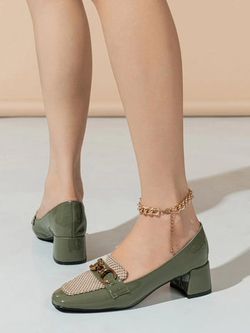 Horsebit Decor Weave Detail Square Toe Chunky Heeled Loafers Horsebit Decor Weave Detail Square Toe Chunky Heeled Loafers