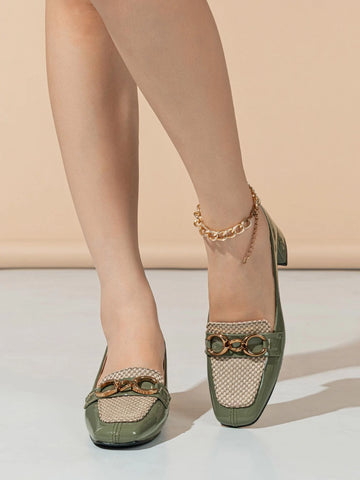 Horsebit Decor Weave Detail Square Toe Chunky Heeled Loafers Horsebit Decor Weave Detail Square Toe Chunky Heeled Loafers