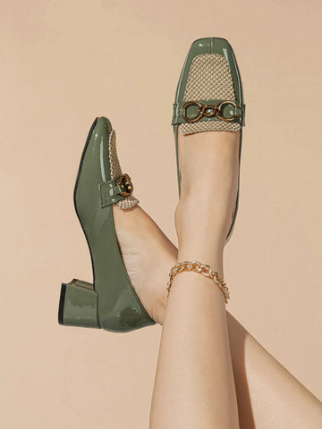 Horsebit Decor Weave Detail Square Toe Chunky Heeled Loafers Horsebit Decor Weave Detail Square Toe Chunky Heeled Loafers