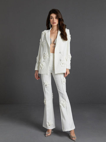 Indiana Floral Embellished Blazer Set In White Indiana Floral Embellished Blazer Set In White