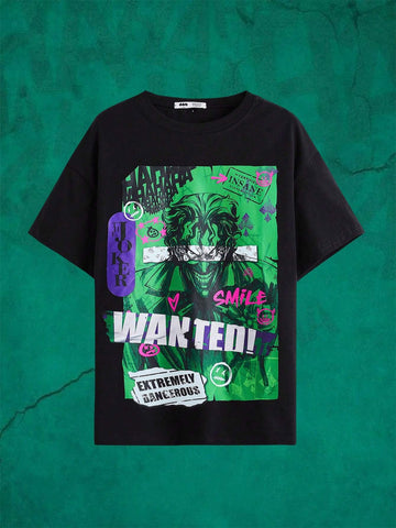 Women Casual Anime Character & Letter Print Drop Shoulder Loose Black T-Shirt, Summer Women Casual Anime Character & Letter Print Drop Shoulder Loose Black T-Shirt, Summer