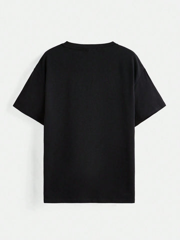 Women Casual Anime Character & Letter Print Drop Shoulder Loose Black T-Shirt, Summer Women Casual Anime Character & Letter Print Drop Shoulder Loose Black T-Shirt, Summer