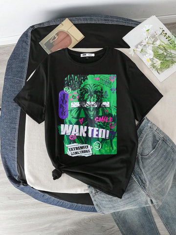 Women Casual Anime Character & Letter Print Drop Shoulder Loose Black T-Shirt, Summer Women Casual Anime Character & Letter Print Drop Shoulder Loose Black T-Shirt, Summer