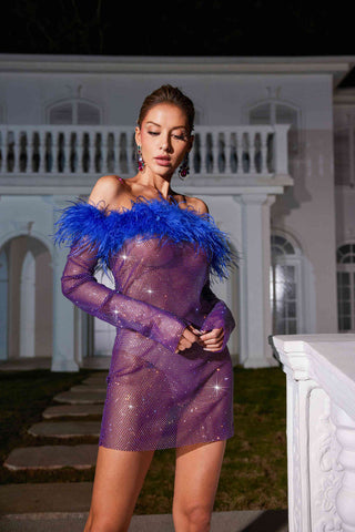Jaela Feather Diamond Mesh Mini Dress Jaela Feather Diamond Mesh Mini Dress