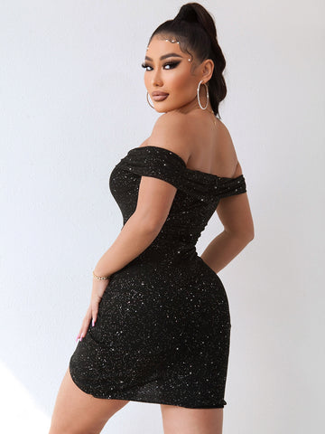 Joyfunear Off Shoulder Ruched Wrap Sequin Bodycon Dress Joyfunear Off Shoulder Ruched Wrap Sequin Bodycon Dress