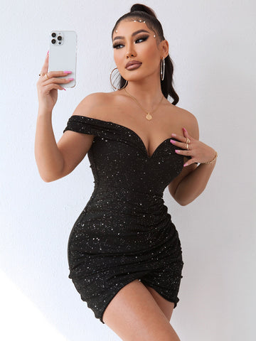 Joyfunear Off Shoulder Ruched Wrap Sequin Bodycon Dress Joyfunear Off Shoulder Ruched Wrap Sequin Bodycon Dress