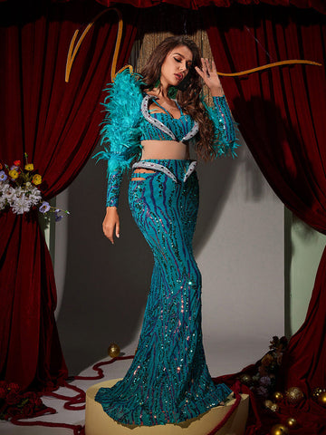 Jurin Snake Rhinestone Feather Maxi Dress Jurin Snake Rhinestone Feather Maxi Dress