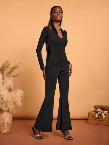 KHELA THE LABEL Black Sweater Matching Backless Long Sleeve Elegant Jumpsuit KHELA THE LABEL Black Sweater Matching Backless Long Sleeve Elegant Jumpsuit