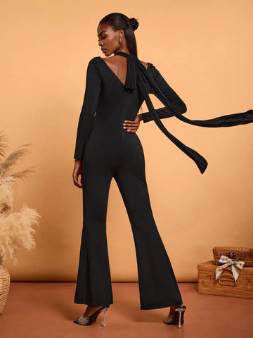 KHELA THE LABEL Black Sweater Matching Backless Long Sleeve Elegant Jumpsuit KHELA THE LABEL Black Sweater Matching Backless Long Sleeve Elegant Jumpsuit