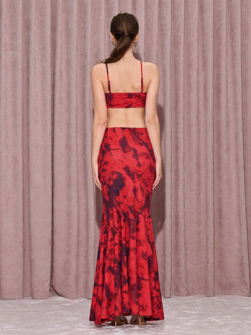 KHELA THE LABEL Designer Red Floral Flower Printed Fitted High Waist Mermaid Flare Hem Maxi Elegant Skirt KHELA THE LABEL Designer Red Floral Flower Printed Fitted High Waist Mermaid Flare Hem Maxi Elegant Skirt