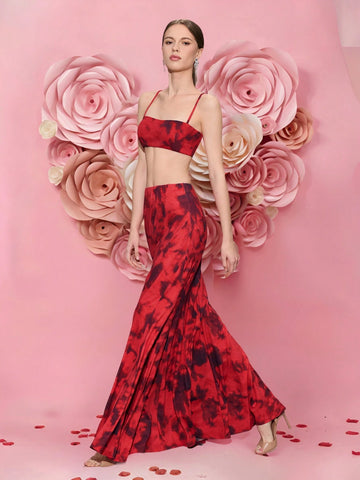 KHELA THE LABEL Designer Red Floral Flower Printed Fitted High Waist Mermaid Flare Hem Maxi Elegant Skirt KHELA THE LABEL Designer Red Floral Flower Printed Fitted High Waist Mermaid Flare Hem Maxi Elegant Skirt