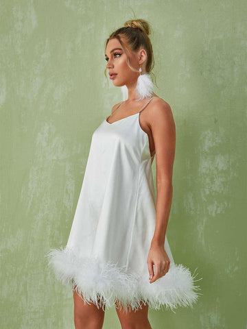 Kamaria Spaghetti Feather Mini Dress In White Kamaria Spaghetti Feather Mini Dress In White