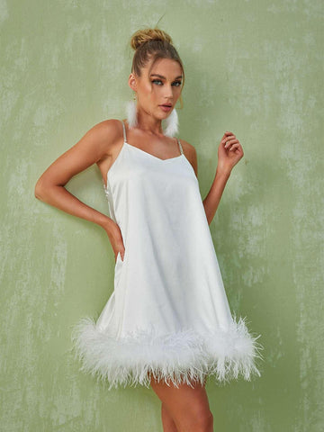 Kamaria Spaghetti Feather Mini Dress In White Kamaria Spaghetti Feather Mini Dress In White