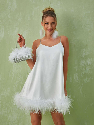 Kamaria Spaghetti Feather Mini Dress In White Kamaria Spaghetti Feather Mini Dress In White