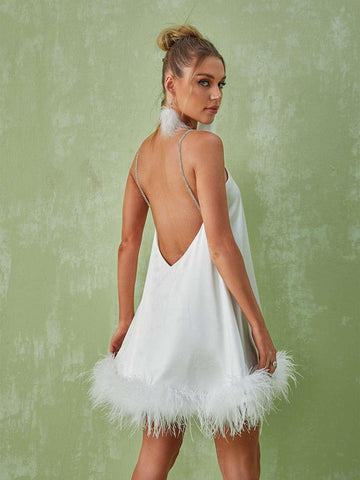 Kamaria Spaghetti Feather Mini Dress In White Kamaria Spaghetti Feather Mini Dress In White