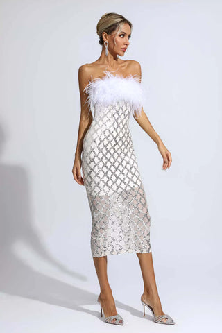 Kayleigh White Feather Sequin Midi Dress Kayleigh White Feather Sequin Midi Dress
