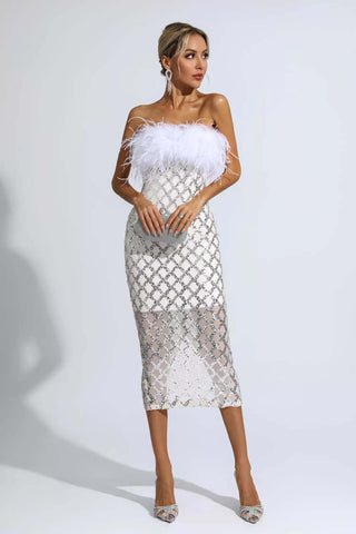 Kayleigh White Feather Sequin Midi Dress Kayleigh White Feather Sequin Midi Dress