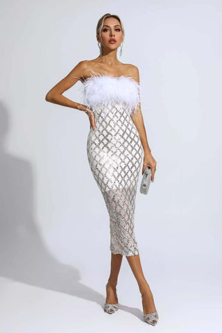 Kayleigh White Feather Sequin Midi Dress Kayleigh White Feather Sequin Midi Dress