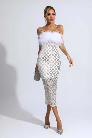 Kayleigh White Feather Sequin Midi Dress Kayleigh White Feather Sequin Midi Dress