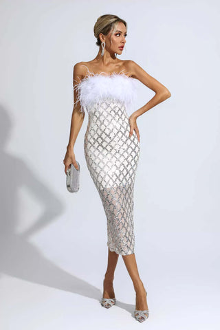 Kayleigh White Feather Sequin Midi Dress Kayleigh White Feather Sequin Midi Dress