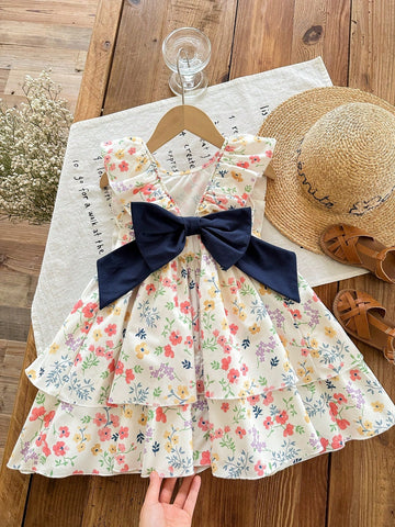 Young Girl Ditsy Floral Ruffle Trim Butterfly Decor Woven Dress Young Girl Ditsy Floral Ruffle Trim Butterfly Decor Woven Dress