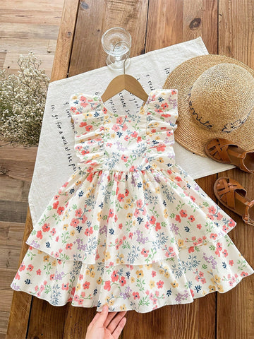 Young Girl Ditsy Floral Ruffle Trim Butterfly Decor Woven Dress Young Girl Ditsy Floral Ruffle Trim Butterfly Decor Woven Dress