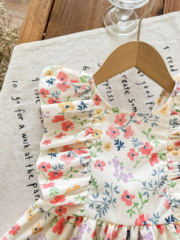 Young Girl Ditsy Floral Ruffle Trim Butterfly Decor Woven Dress Young Girl Ditsy Floral Ruffle Trim Butterfly Decor Woven Dress