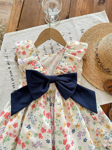 Young Girl Ditsy Floral Ruffle Trim Butterfly Decor Woven Dress Young Girl Ditsy Floral Ruffle Trim Butterfly Decor Woven Dress