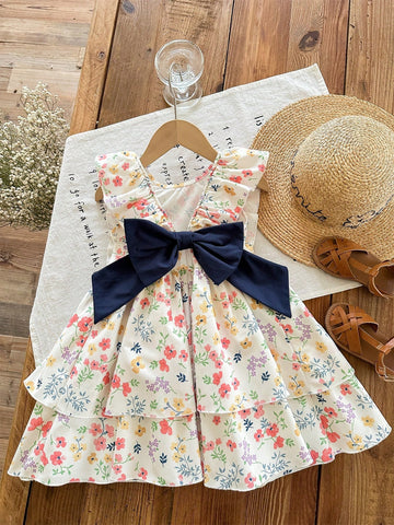 Young Girl Ditsy Floral Ruffle Trim Butterfly Decor Woven Dress Young Girl Ditsy Floral Ruffle Trim Butterfly Decor Woven Dress