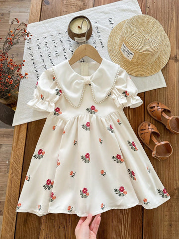 Young Girl Woven Floral Patchwork Ruffle Collar Puff Sleeve Fitted Dress Young Girl Woven Floral Patchwork Ruffle Collar Puff Sleeve Fitted Dress