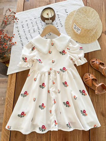 Young Girl Woven Floral Patchwork Ruffle Collar Puff Sleeve Fitted Dress Young Girl Woven Floral Patchwork Ruffle Collar Puff Sleeve Fitted Dress