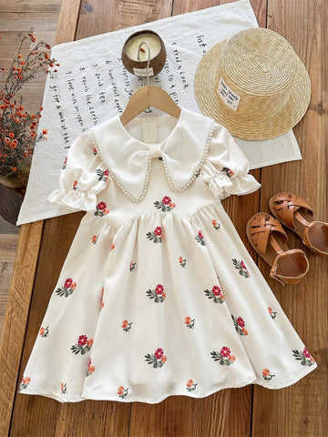 Young Girl Woven Floral Patchwork Ruffle Collar Puff Sleeve Fitted Dress Young Girl Woven Floral Patchwork Ruffle Collar Puff Sleeve Fitted Dress