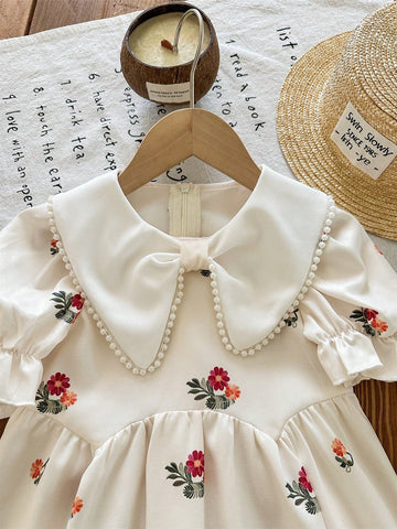 Young Girl Woven Floral Patchwork Ruffle Collar Puff Sleeve Fitted Dress Young Girl Woven Floral Patchwork Ruffle Collar Puff Sleeve Fitted Dress