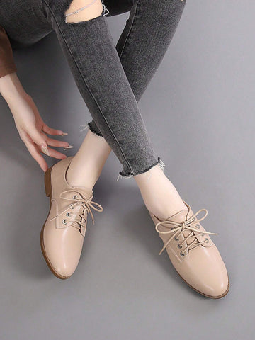 Lace-up Front Heeled Oxford Pumps,Lady's Simplistic and Fashionable Outdoor Campus-Style Black Flat Shoes Lace-up Front Heeled Oxford Pumps,Lady's Simplistic and Fashionable Outdoor Campus-Style Black Flat Shoes