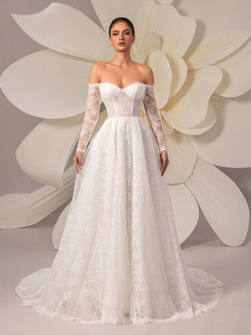 Lace Embroidery Off Shoulder Long Sleeve Elegant Tulle Wedding Dress With Train Lace Embroidery Off Shoulder Long Sleeve Elegant Tulle Wedding Dress With Train