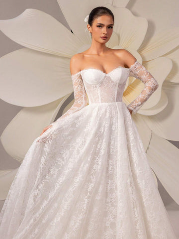 Lace Embroidery Off Shoulder Long Sleeve Elegant Tulle Wedding Dress With Train Lace Embroidery Off Shoulder Long Sleeve Elegant Tulle Wedding Dress With Train